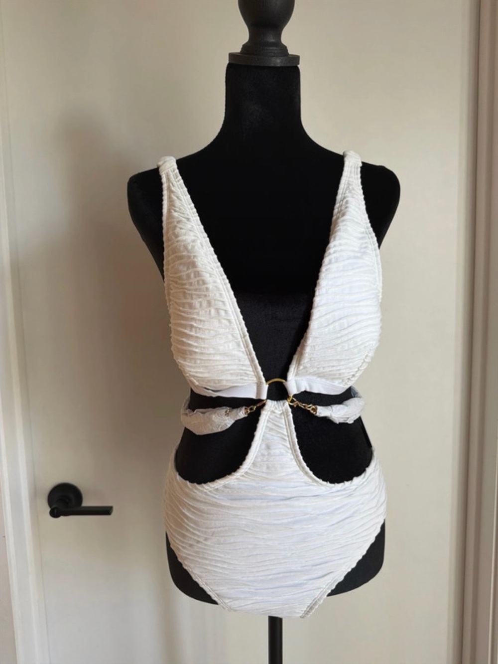 White Textured Cutout One-Piece Swimsuit with Gold Ring Detail